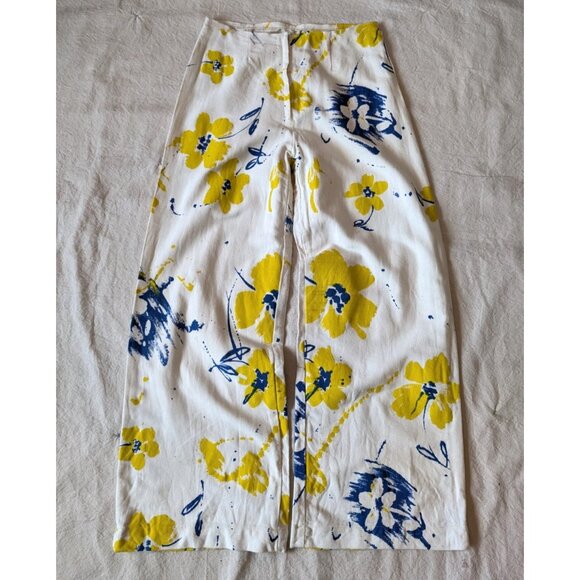 Vintage 70s Women's Custom Floral Print Cotton Canvas Wide Leg Flare Pants 26x29 - Picture 4 of 7